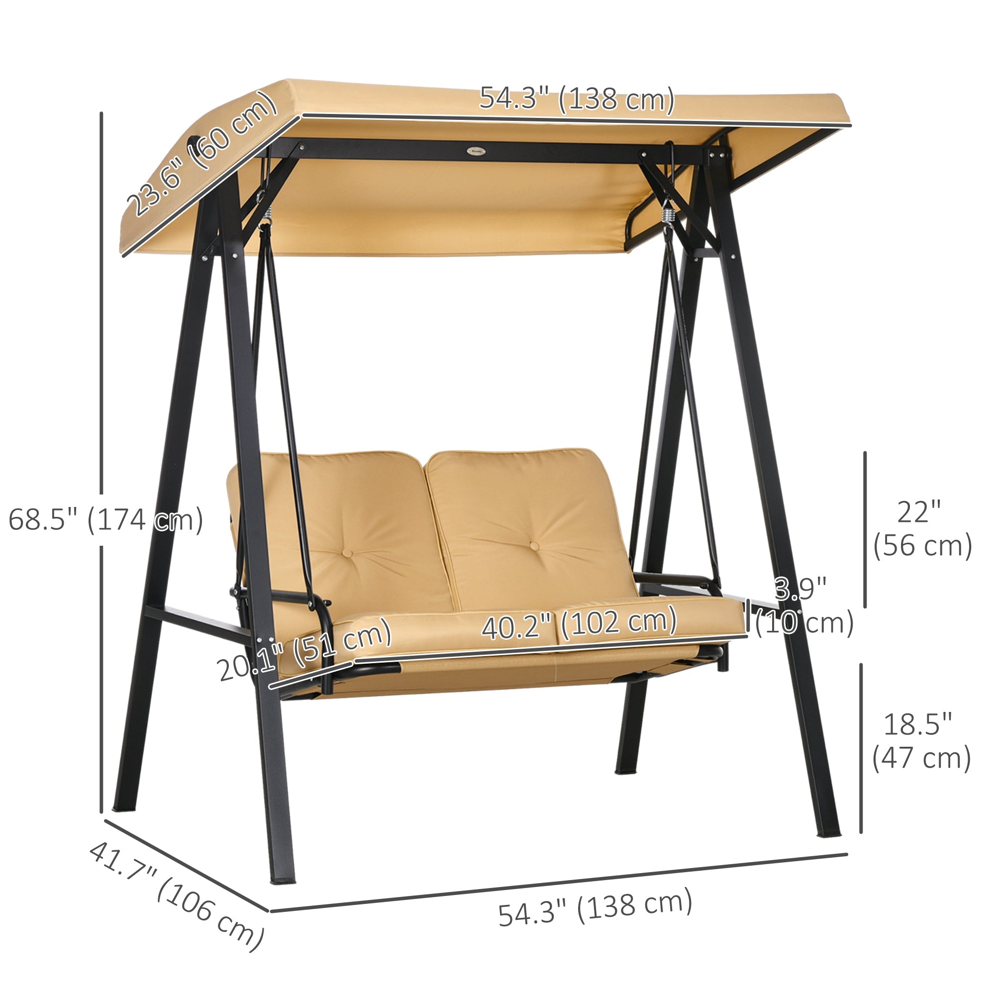 Outsunny 2-Seater Outdoor Porch Swing with Adjustable Canopy, Patio Swing Chair for Garden, Poolside, Backyard, Beige 