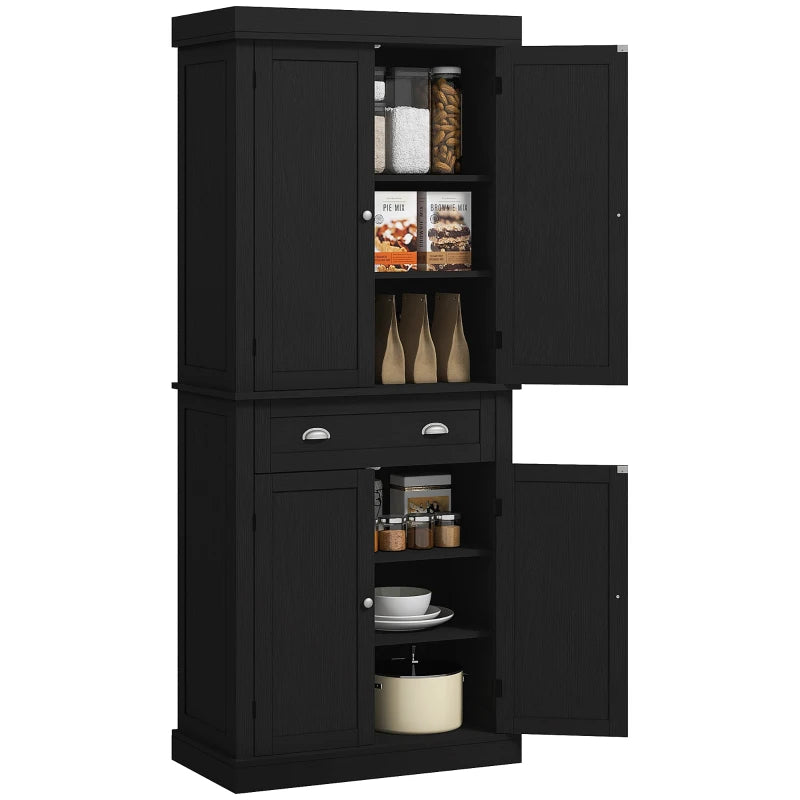 72" Tall Pantry Cabinet, Kitchen Storage Cabinet with 4 Doors, Drawer and 2 Adjustable Shelves, Black Wood Grain