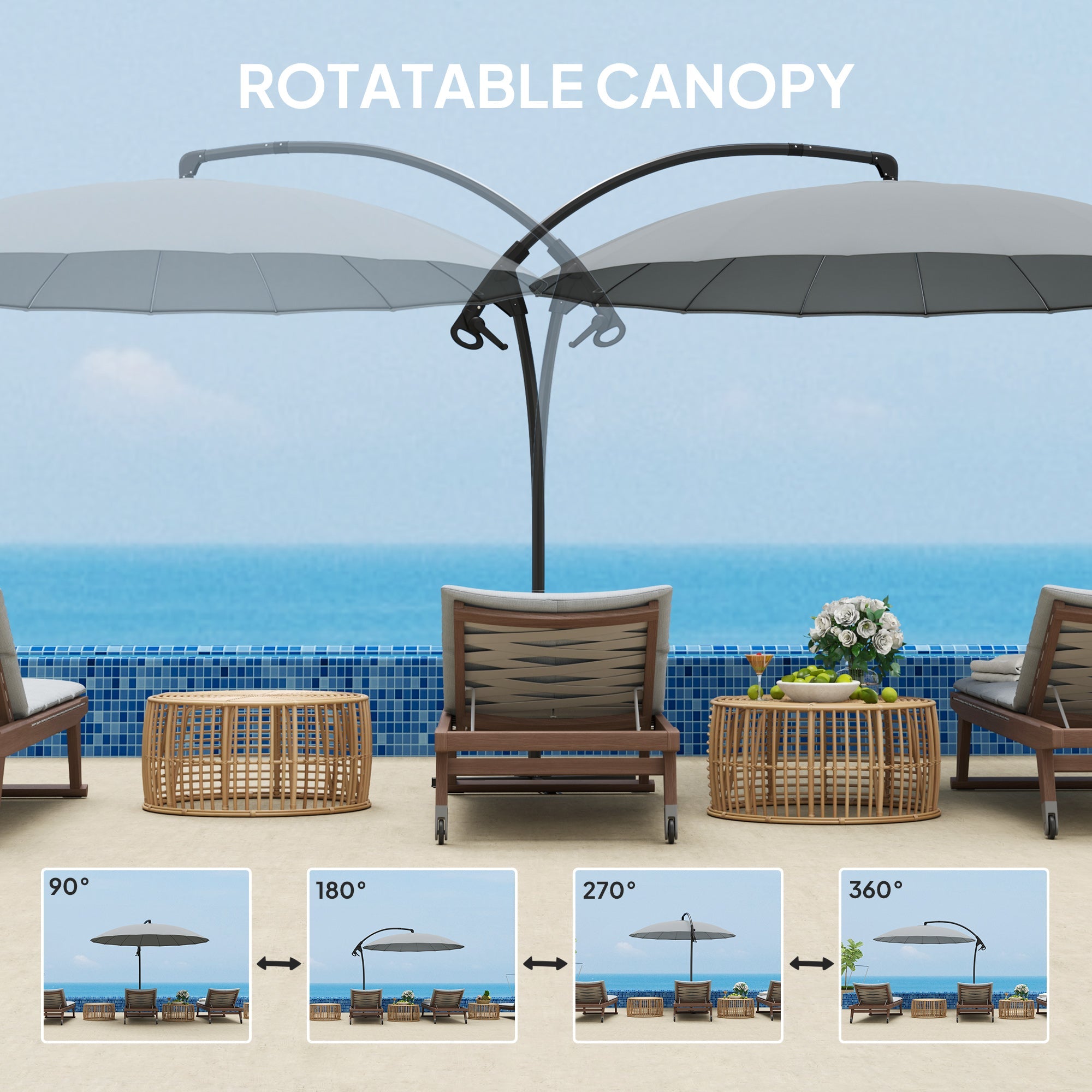 Outsunny 9FT Cantilever Umbrella with 16 Fibreglass Ribs, Offset Hanging Umbrella, Patio Umbrella with Crank and Cross Base, Grey 