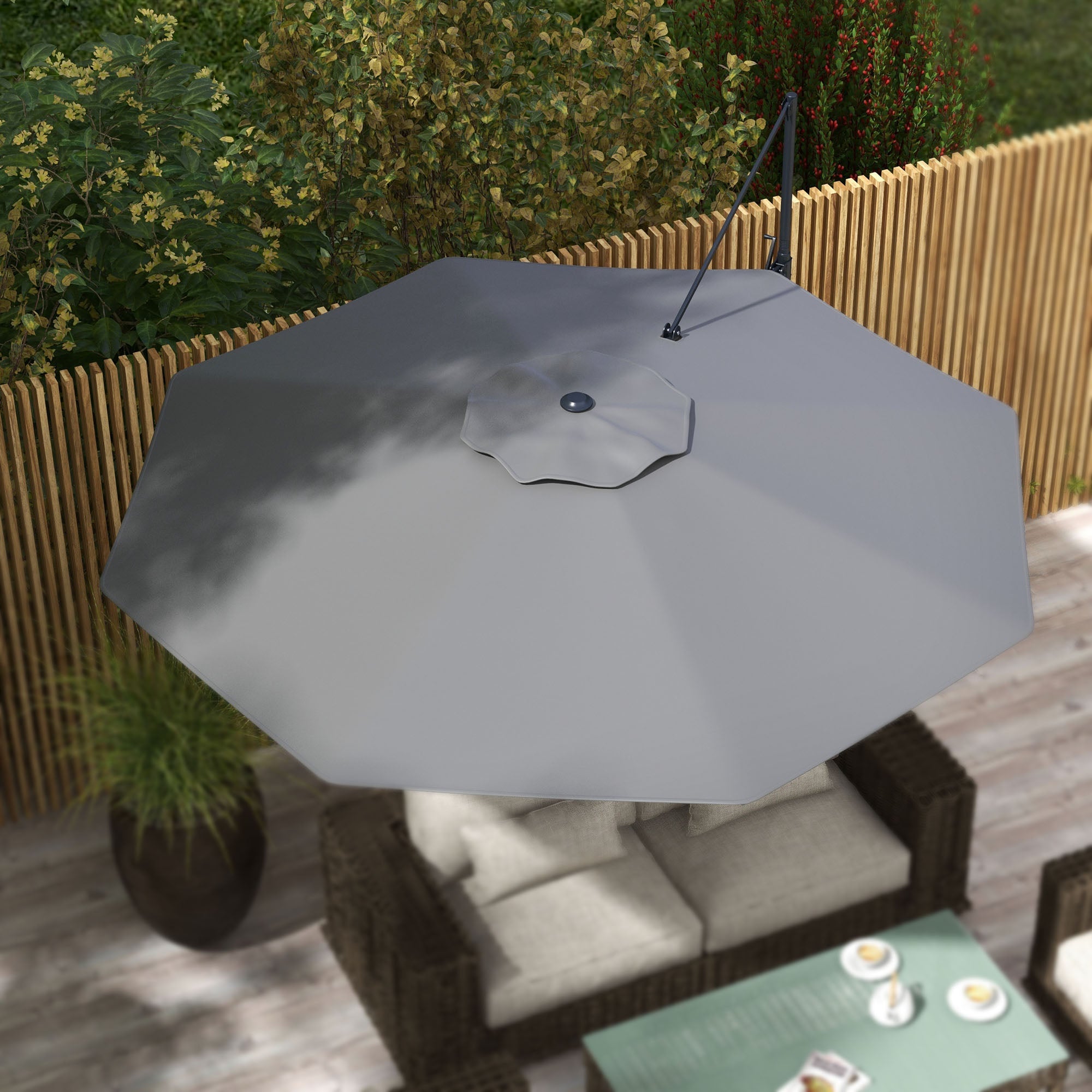 Outsunny Sunshade Sanctuary: 10FT Offset Cantilever Umbrella with 360° Rotating Aluminum Frame, Crank Lift 8 Ribs Cross Base Grey 