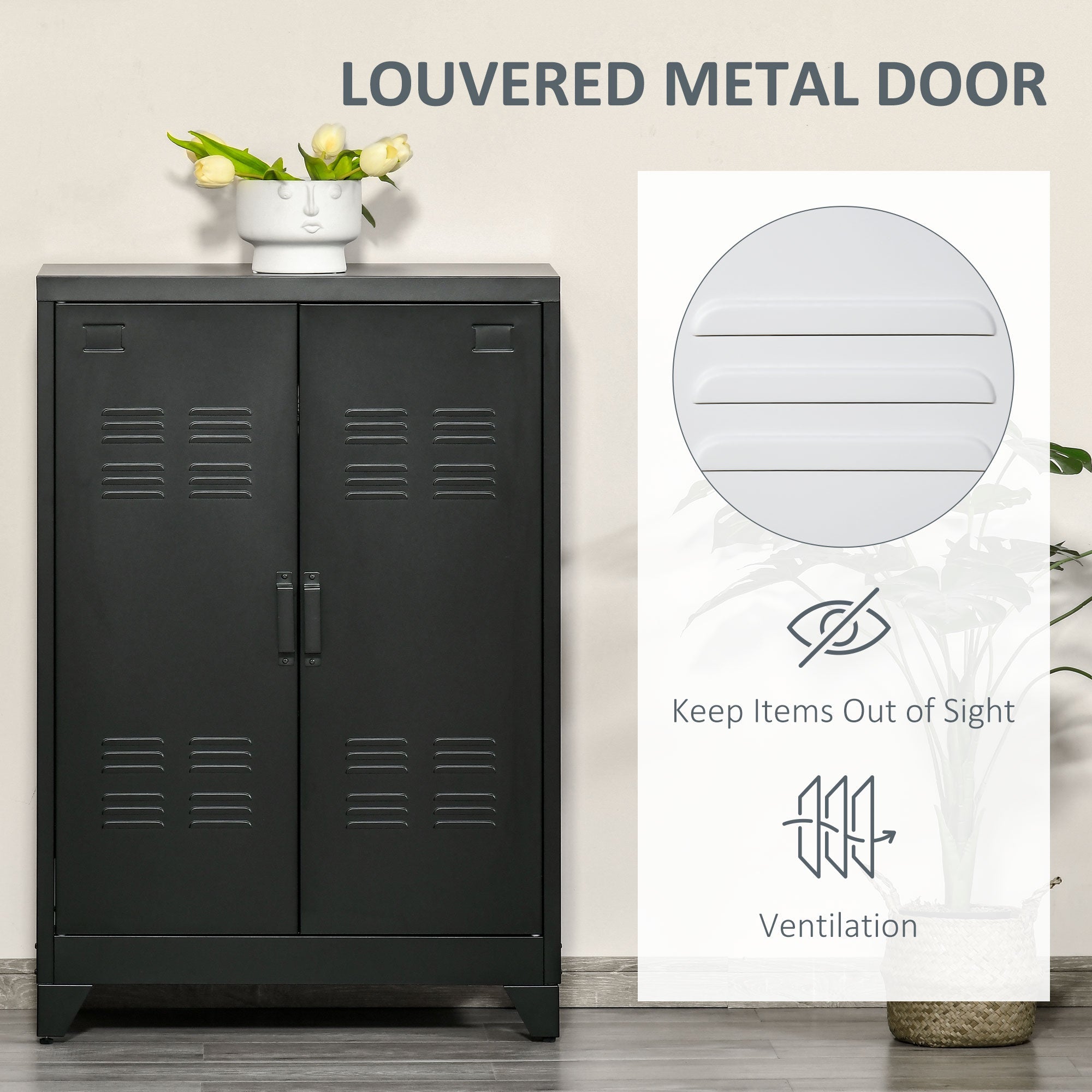 HOMCOM Storage Solution: 3-Tier Steel Storage Cabinet with 2 Louvered Doors, Black Finish for Office Garage Warehouse 