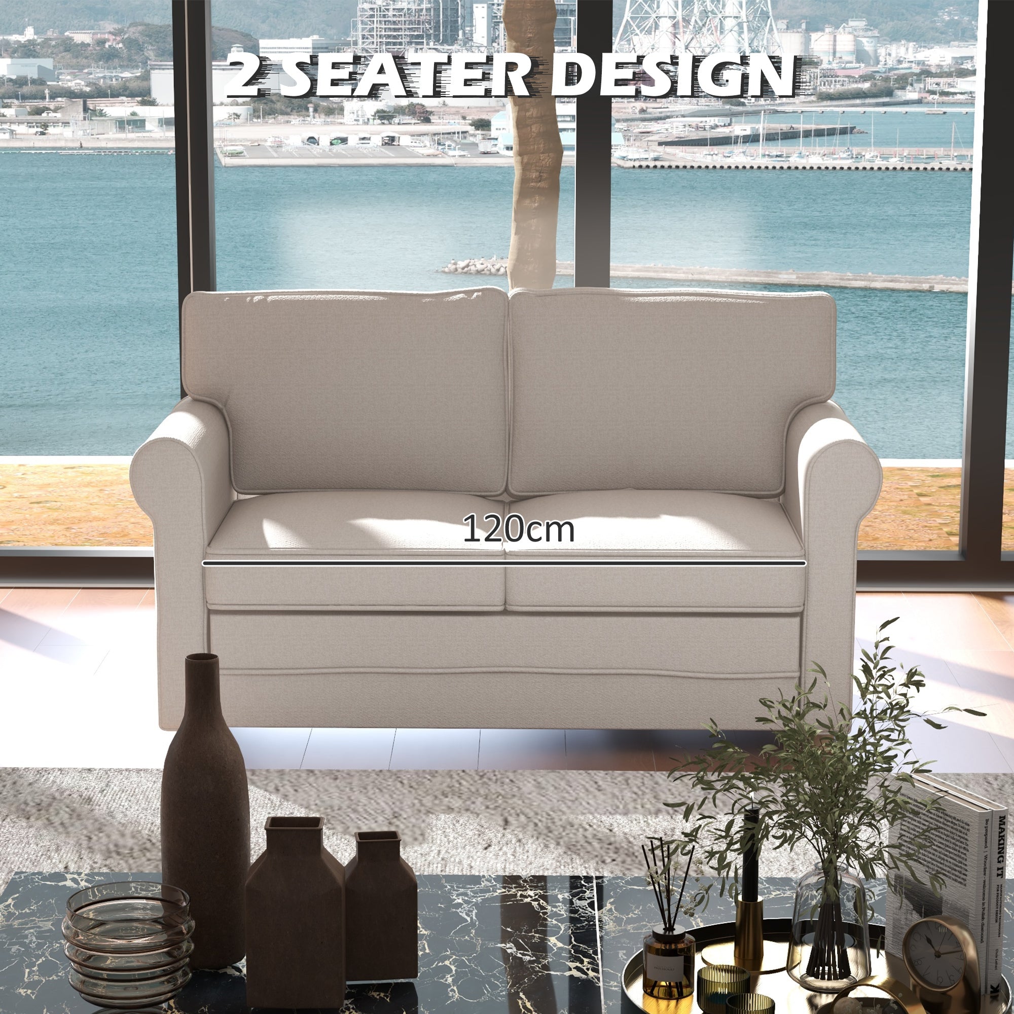 HOMCOM 59" Loveseat Sofa Bedroom Living Room Upholstered 2 Seater Couch Steel Frame Light Grey 