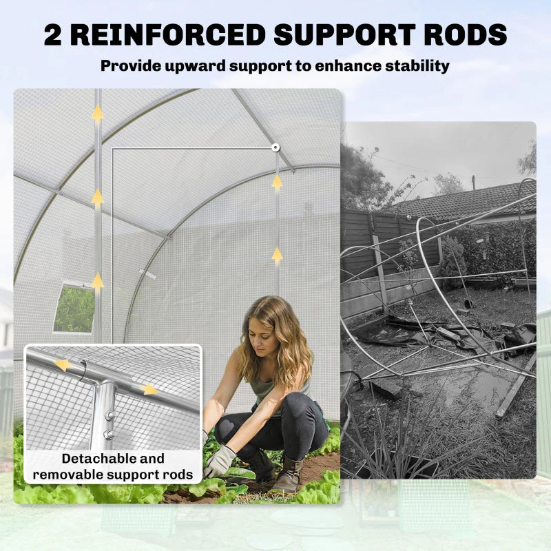Walk-in Tunnel Greenhouse with 2 Support Rods, Mesh Door, Plant Hot House with PE Cover, 20'x10'x7', White