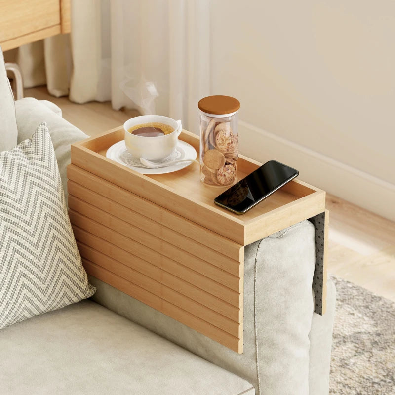 Bamboo Couch Arm Tray, Sofa Armrest Tray with Flexible Roll-up Design and Wide Compartment, Natural