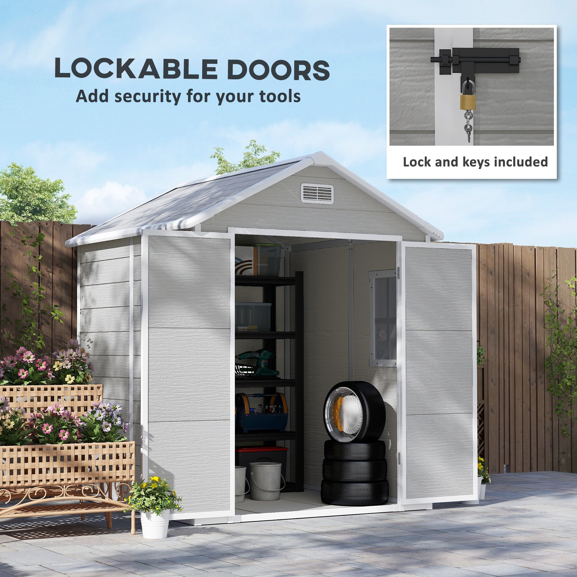 Outsunny 6' x 5' Plastic Outdoor Storage Shed, Garden Shed with Floor, Window, Lockable Doors and Vents, Wood Effect Grey 