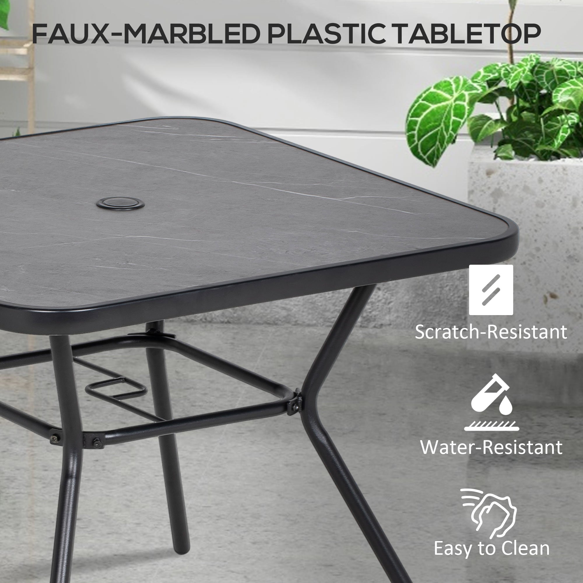 Outsunny Square Outdoor Table, Patio Bistro Coffee Table with Faux-marbled Top and 42mm Umbrella Hole for Garden, Dark Grey 