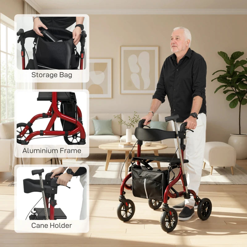 Foldable Rollator Walker with Seat for Seniors, Lightweight Rolling Walker with Adjustable Handles, Red