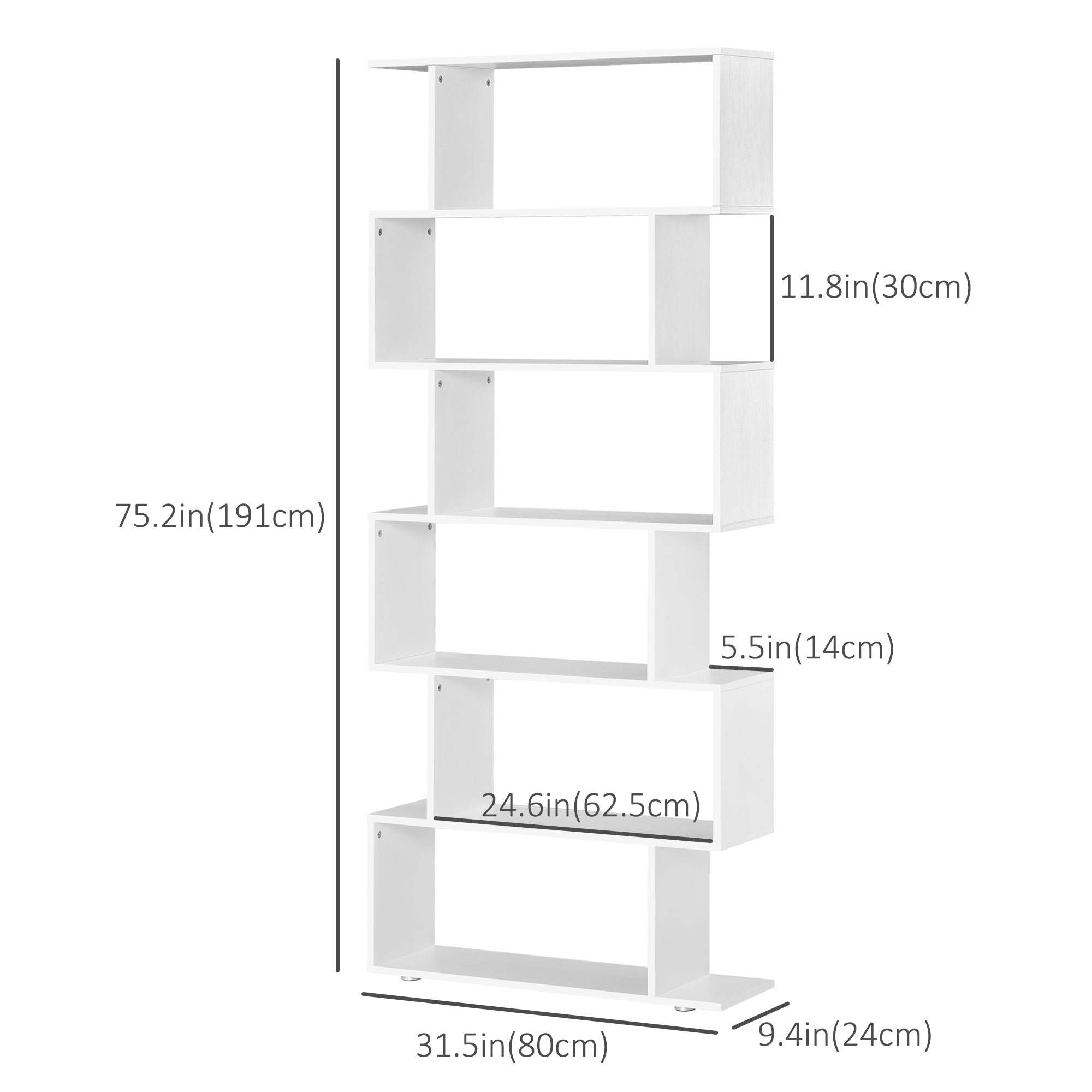 HOMCOM Curvaceous Storage: 6-Tier S-Shape Wooden Bookcase Display Divider Unit for Home Office, White Finish 