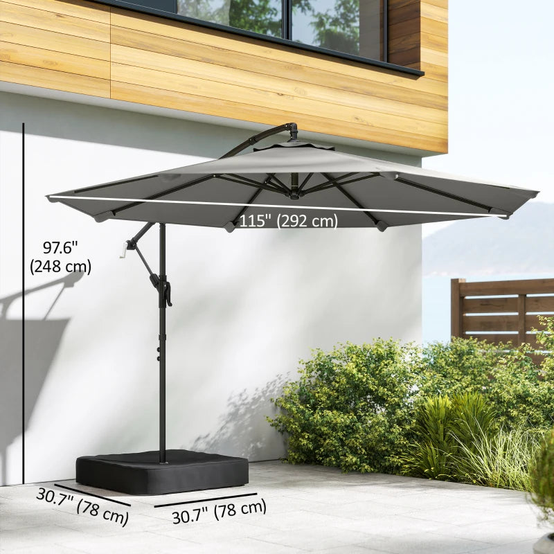9.6 ft Offset Patio Umbrella with Sandbag, Garden Hanging Banana Cantilever Parasol with 360° Rotation, Grey