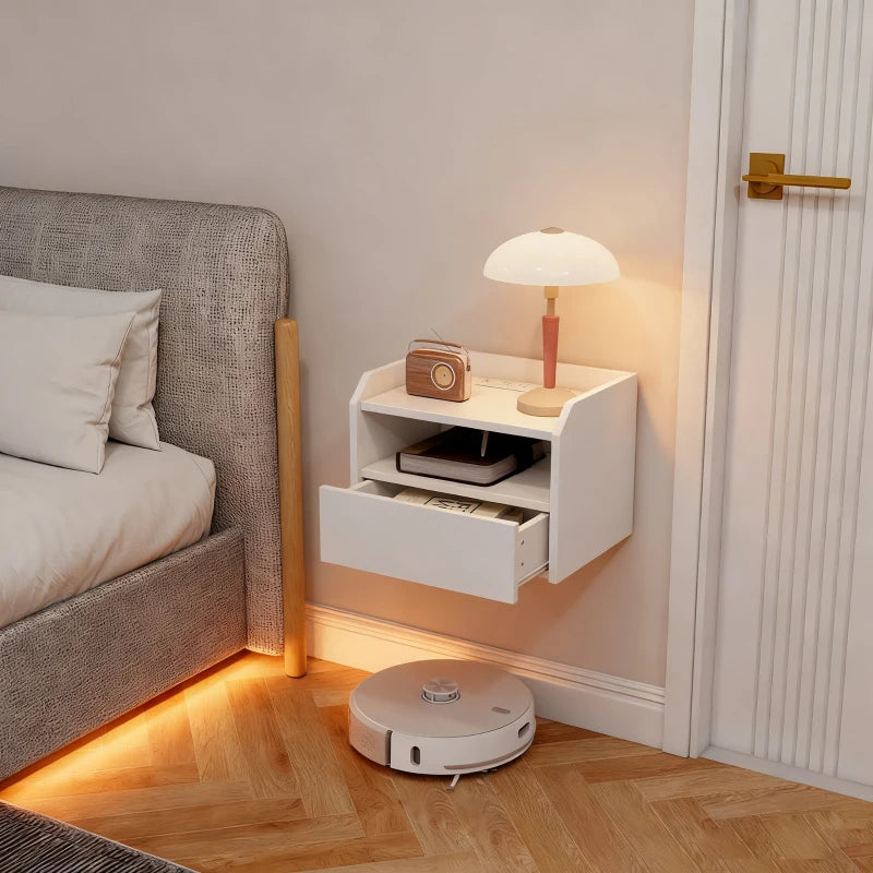 Wall Mounted Bedside Table, Set of 2 Floating Nightstand with Charging Station, Drawer and Open Shelf for Bedroom, White