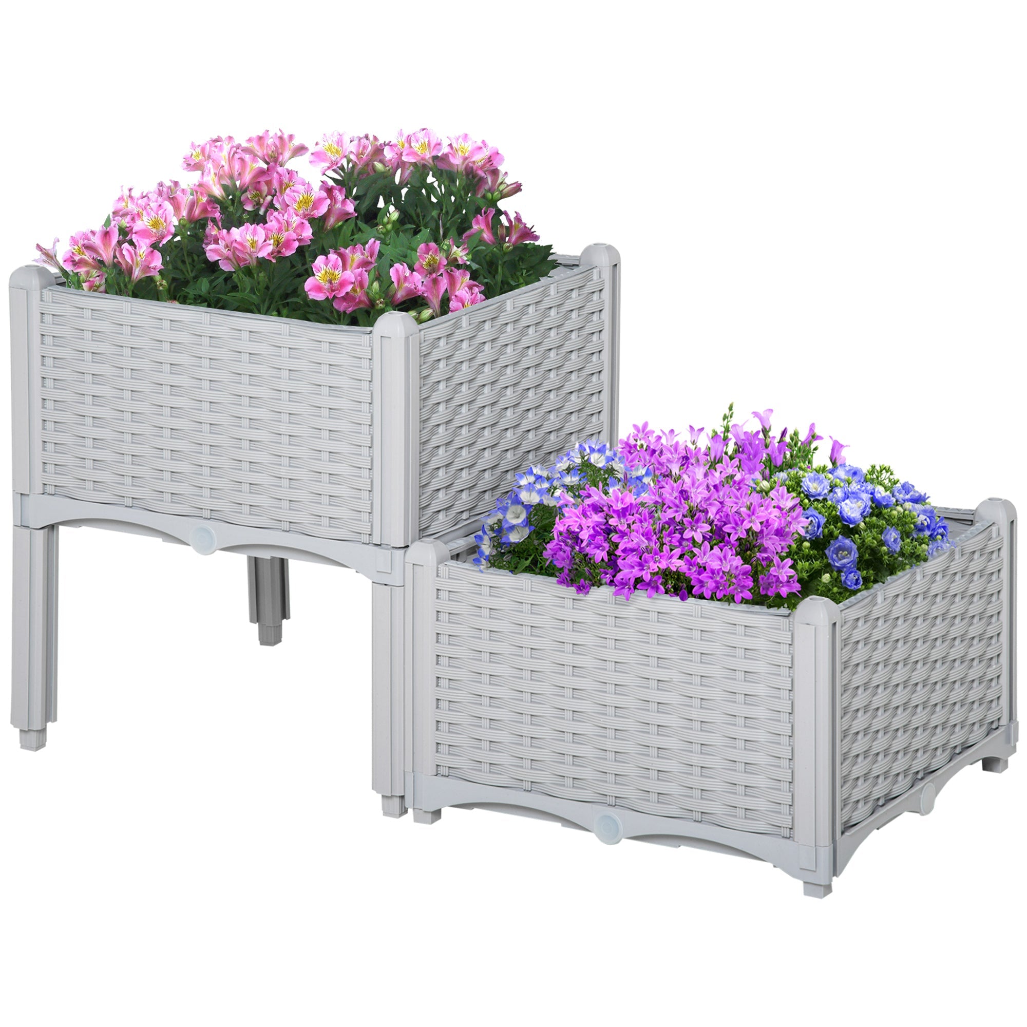 Outsunny 2 Piece Raised Garden Bed PP Raised Flower Bed Vegetable Herb Grow Box Stand Light Grey 