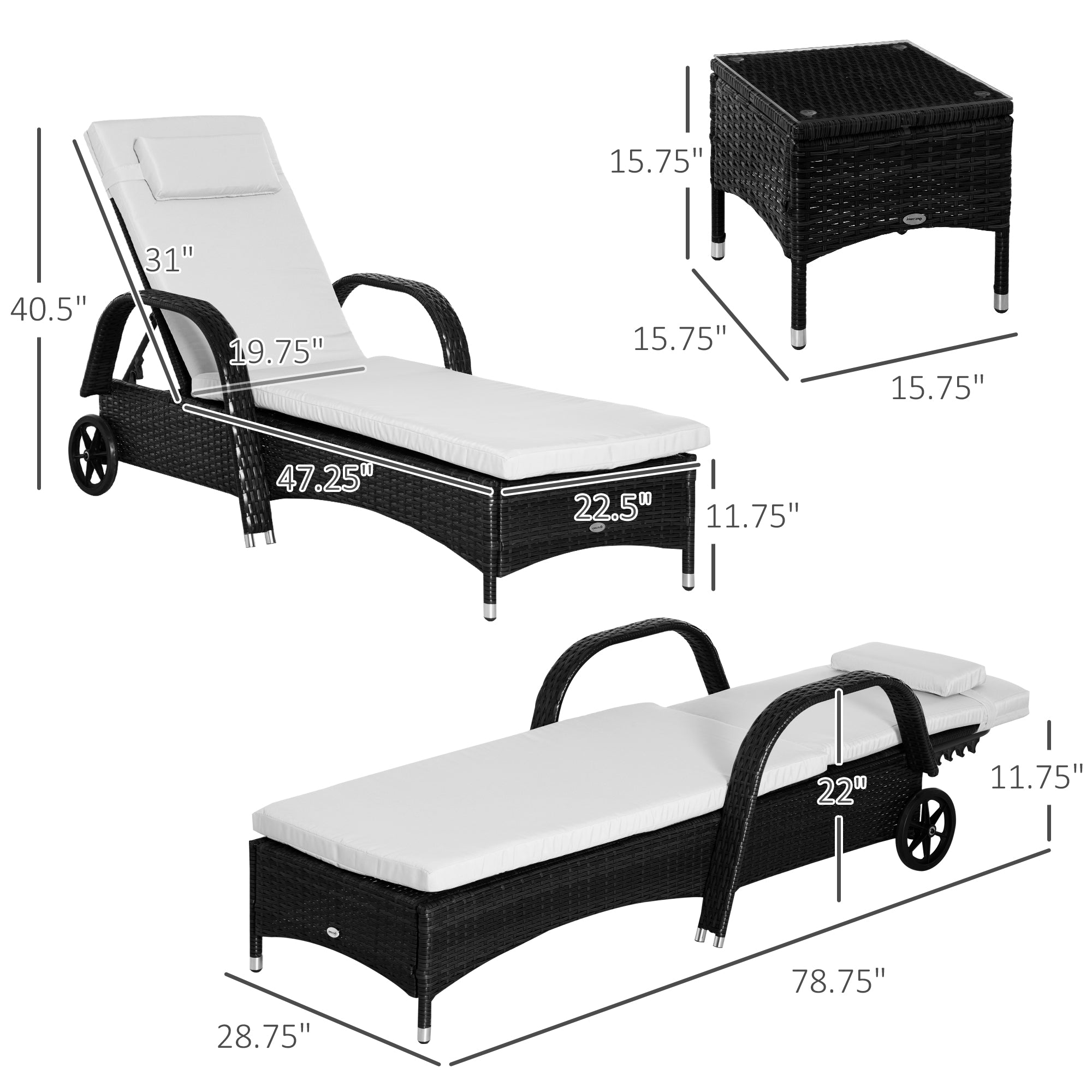 Outsunny 3 Pieces Patio Rattan Lounge Set Wheeled Wicker Chaise Lounge Chair Set Reclining Lounger Adjustable Black Cream White 