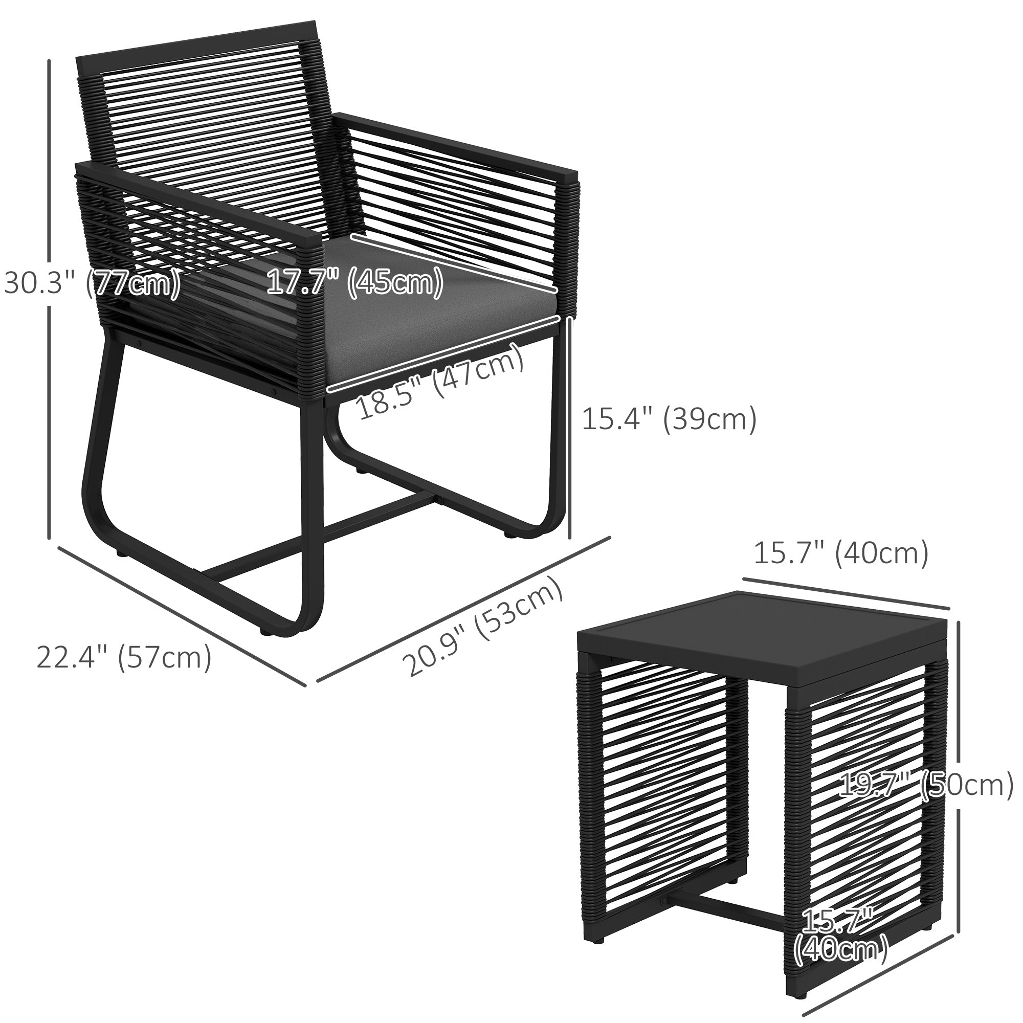 Outsunny 3-Piece PE Rattan Patio Bistro Set with Cushions & Tempered Glass Table, Outdoor Furniture for Garden, Black 