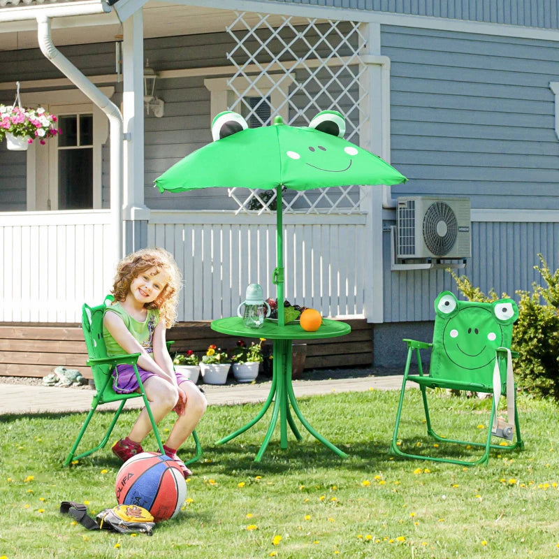 Kids Folding Picnic Table and Chair Set Pattern Outdoor Garden Patio Backyard with Removable & Height Adjustable Sun Umbrella Green