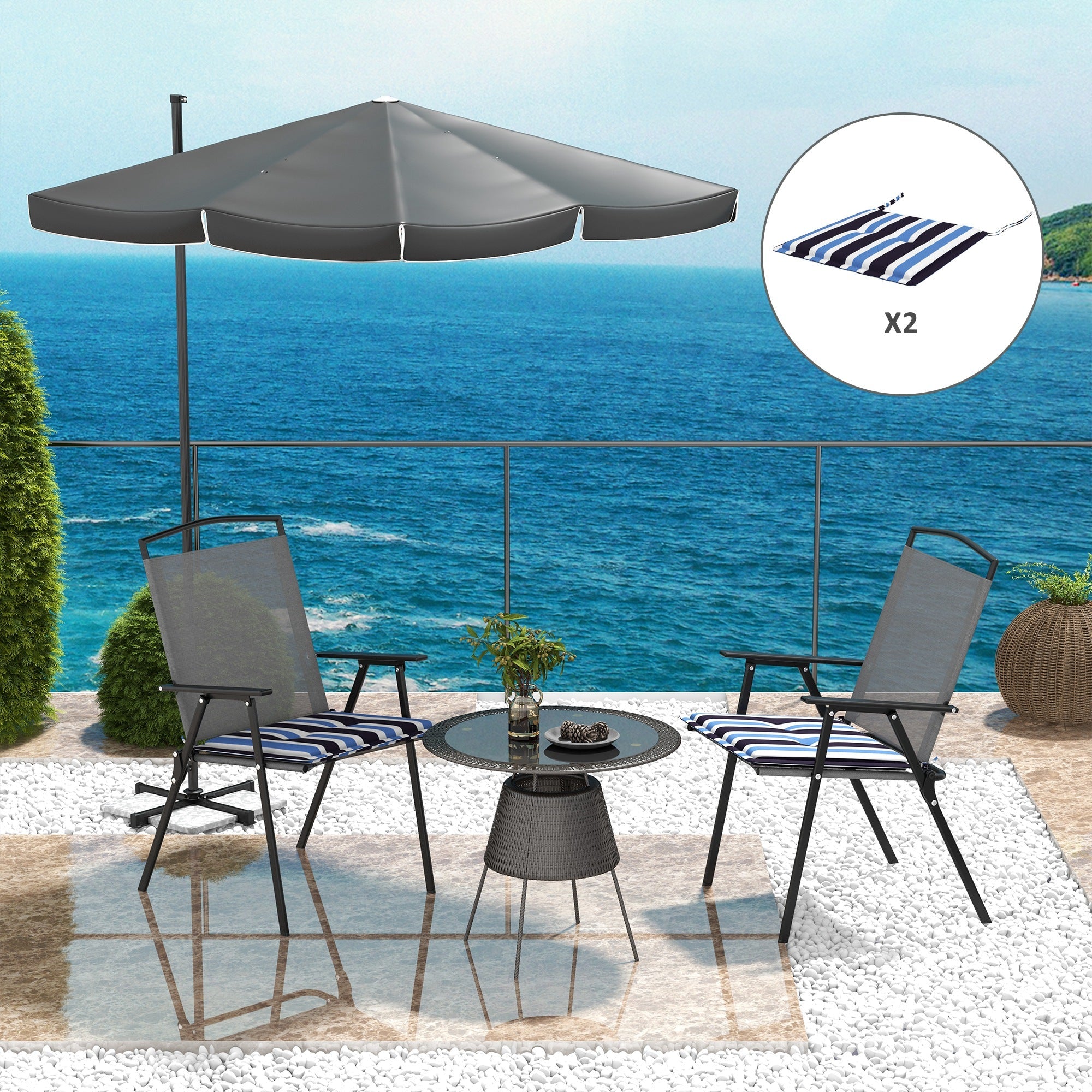Outsunny Outdoor Patio Chair Cushion Set 2-Piece with Ties Button Tufted Design Blue White Stripe Replacement Cushions 