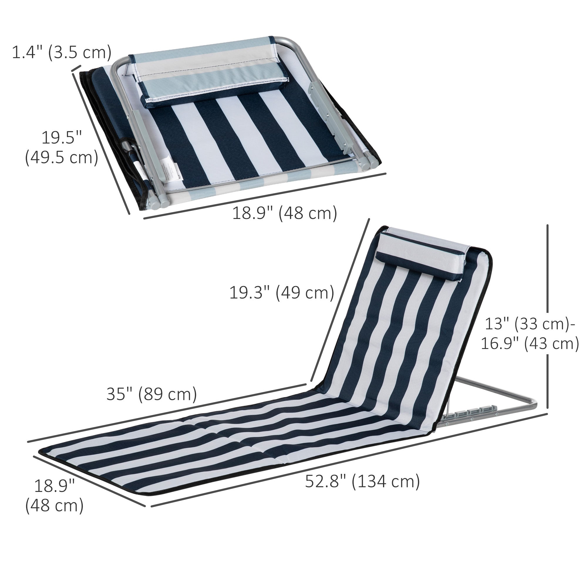 Outsunny 2 Pieces Beach Lounge Chair, Outdoor Folding Chaise Lounge Set w/ Pillow for Sunbath, Snap, Blue and White 