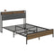 Queen Size Bed Frame with Charging Station, Queen Bed Frame with Upholstered Headboard and Storage Shelf, Walnut