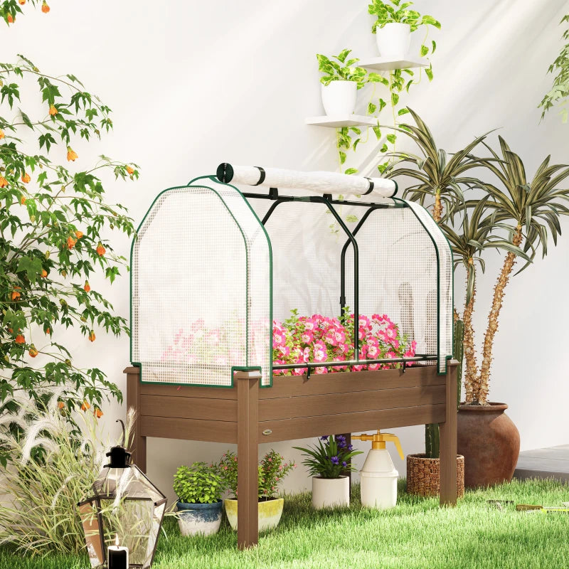 Raised Garden Bed with PE Greenhouse Cover Outdoor Elevated Wood Planter Box for Herbs and Vegetables Brown