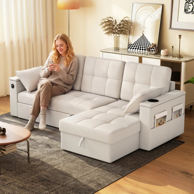 Convertible Sectional Sofa Bed, Pull Out Sleeper Sofa Couch with USB‑A+C, Chaise Storage, L-Shaped Futon Couch, Beige