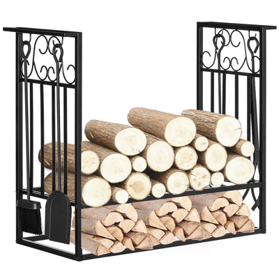 HOMCOM Vintage Firewood Log Rack Heavy Duty Wood Storage Shelf Fireplace Tools Accessories Black Metal 