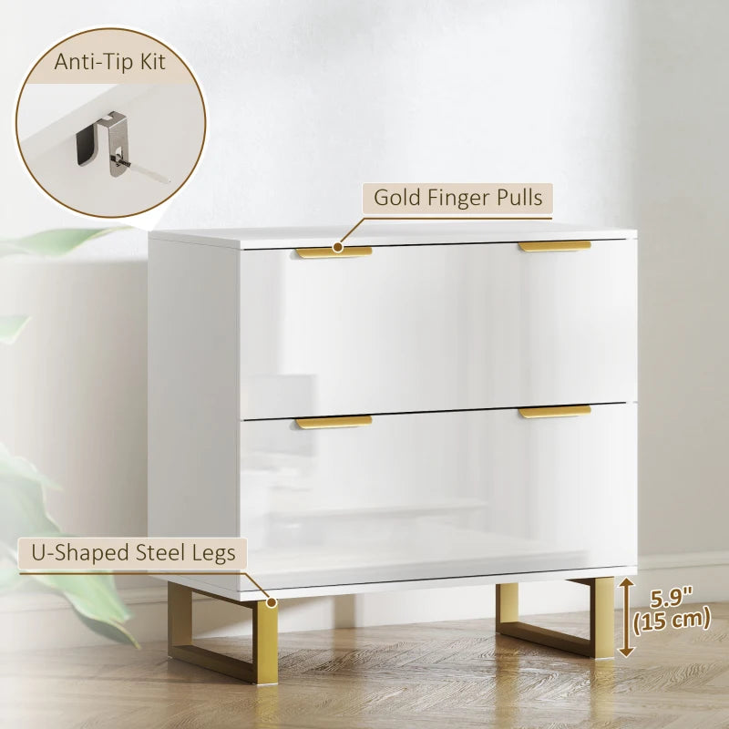 Lateral File Cabinet with 2 Drawers, Modern Filing Cabinet for Letter/A4/Legal Size Files, High Gloss White
