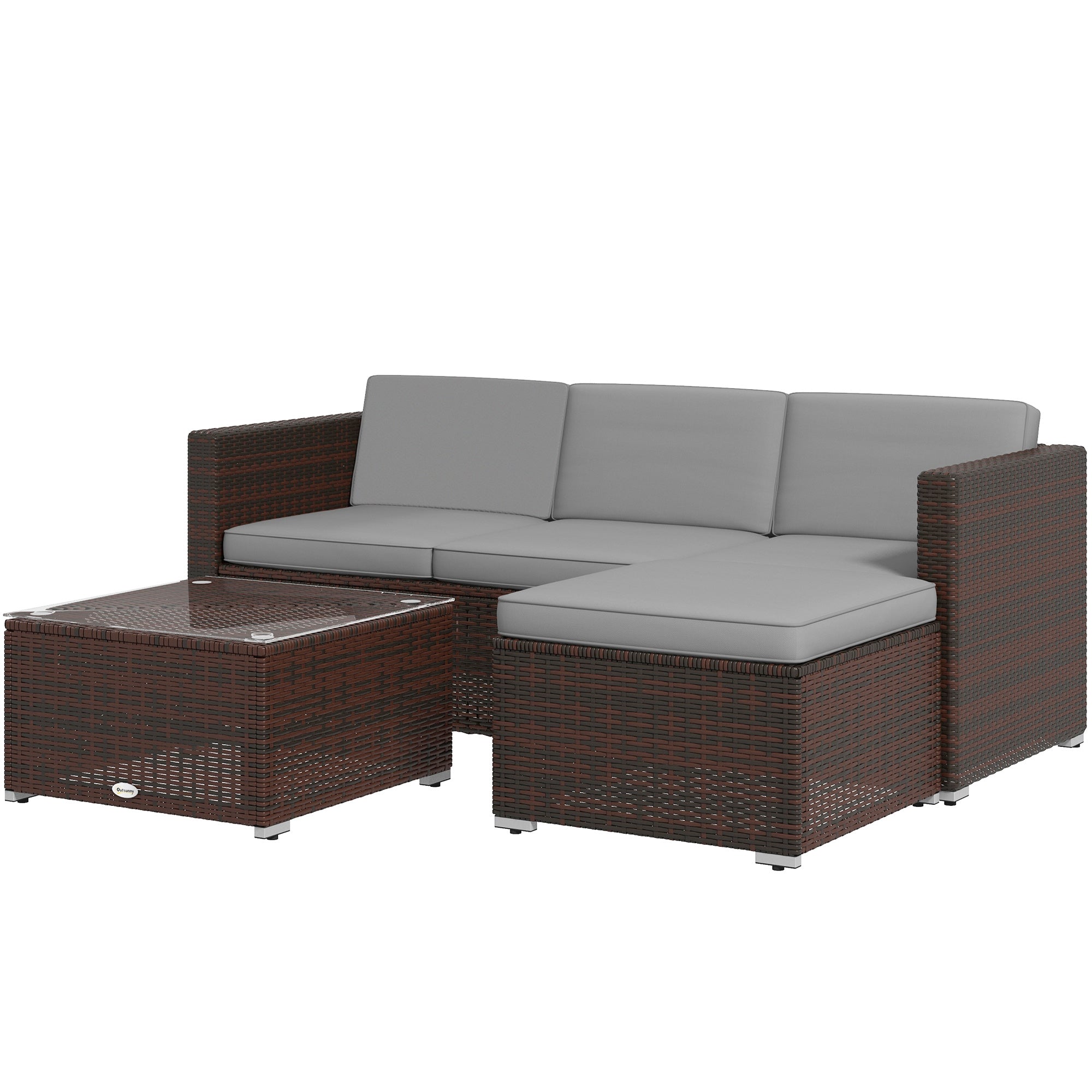 Outsunny 3-Piece Patio Dining Sets, Rattan Wicker with Glass Table & Plush Cushions for Garden & Backyard, Grey 