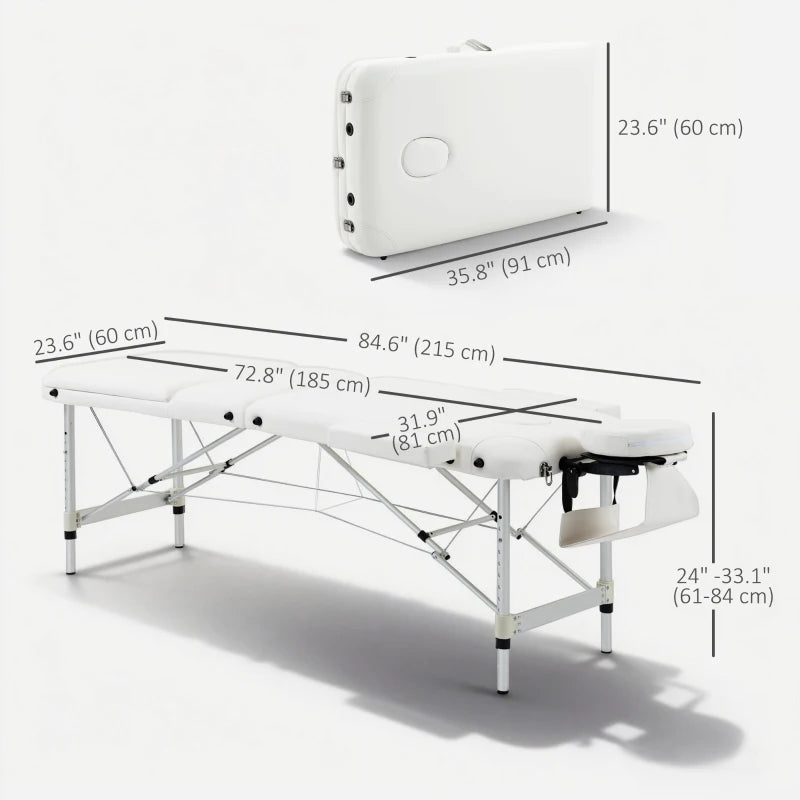 85" 3 Section Foldable Massage Table Professional Salon Spa Facial Couch Bed (White)