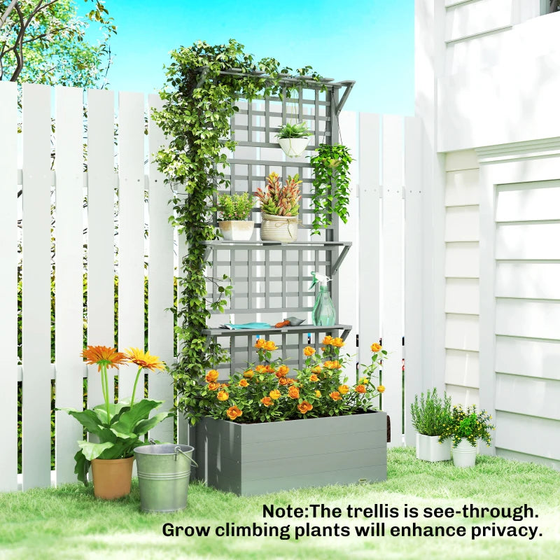 Wooden Raised Garden Bed with Trellis and Roof, Elevated Planter Box with 2 Shelves, Drainage Hole and Liner, Grey
