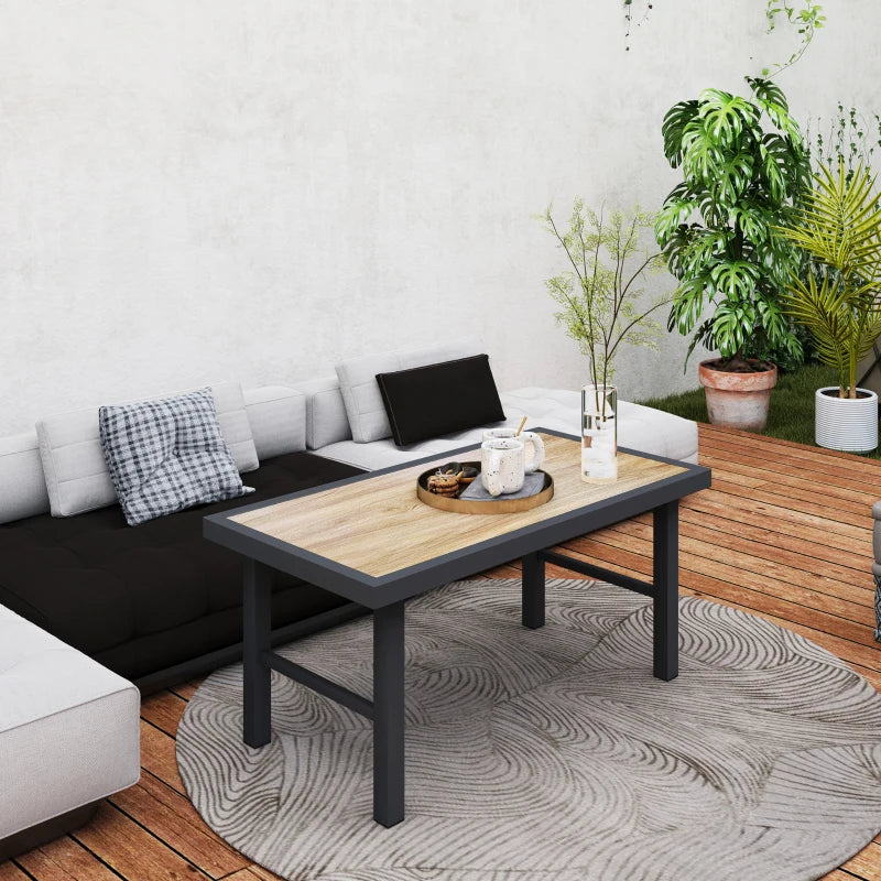 Outdoor Side Table with SPC Woodgrain Tabletop, Metal Patio Coffee Table for Outside Garden, Brown