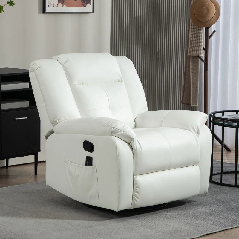 8-Point Vibration Massage Recliner Chair with Comfor Padding, Remote Control, Side Pockets, Swivel Nursery Rocking Chair, Cream White