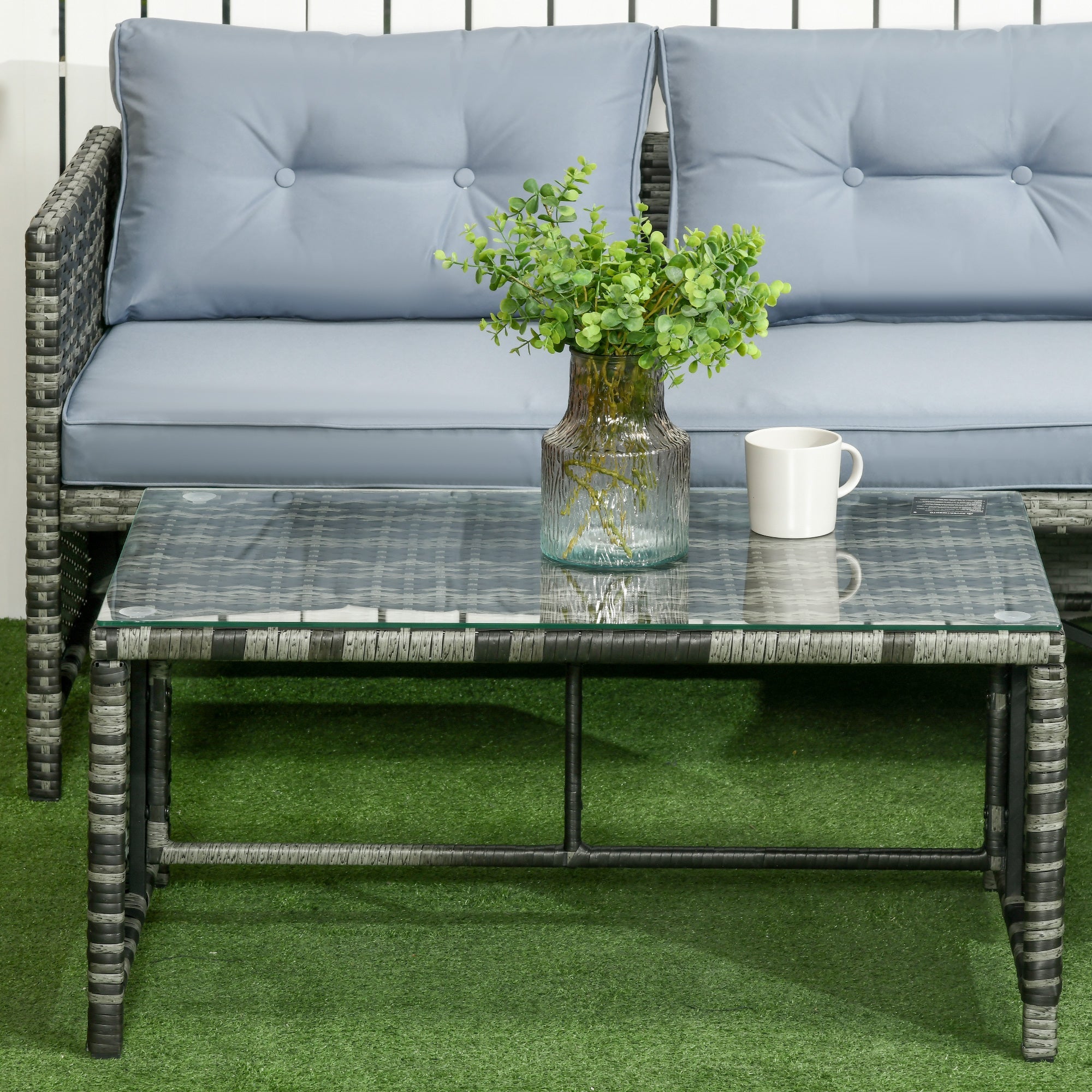 Outsunny Wicker Patio Retreat: 3PC Loveseat Chaise Lounge Set with Glass Table, Grey Cushions 