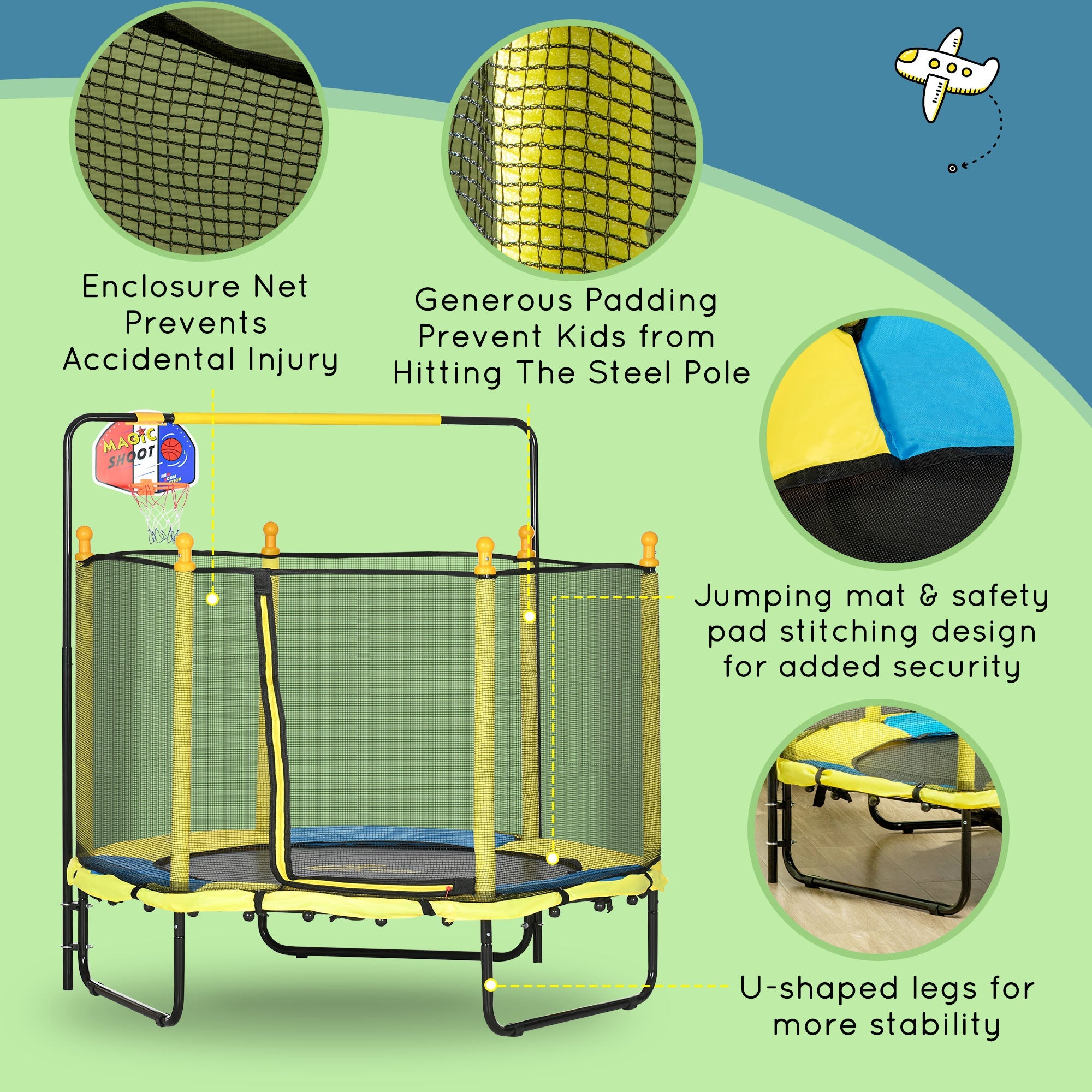 Qaba 4.6ft Kids Trampoline with Basketball Hoop, Horizontal Bar with Net for Children Ages 3-10, Yellow 