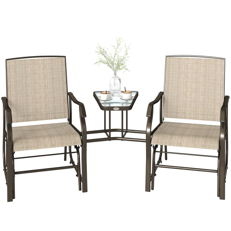 Double Patio Glider Chair with Glass Top Center Table, Outdoor Glider Loveseat with High Back,  All Weather Breathable Mesh Fabric for Garden, Backyard, Deck, Light Brown