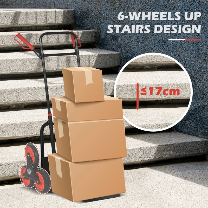 6-Wheels Stair Climber Trolley Cart, Hand Truck and Dolly, Foldable Steel Load Cart, 264lbs Capacity, Black and Red