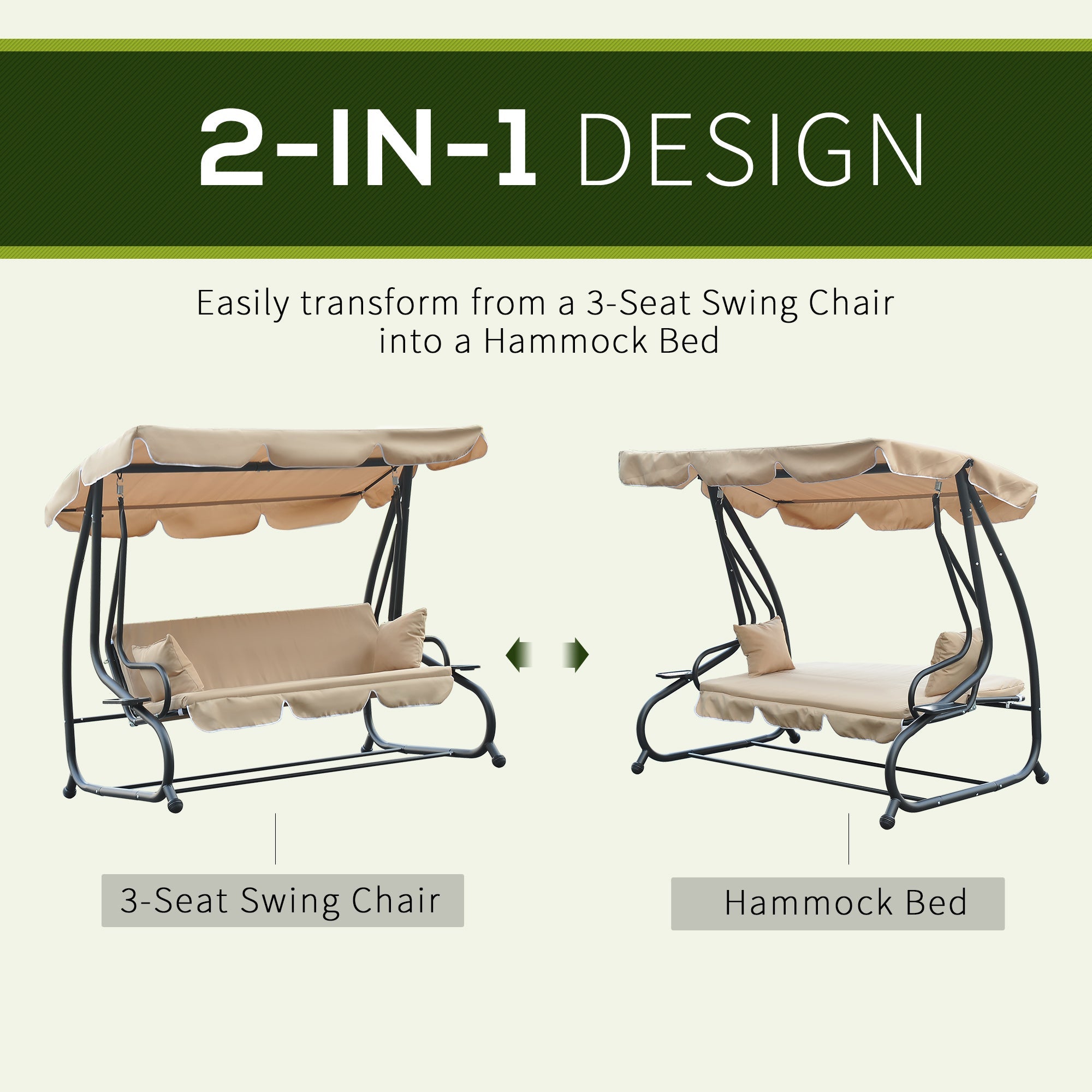 Outsunny Heavy-duty Metal 3 Seater Outdoor Swing Chair Garden Hammock Bed with Canopy and 2 Pillows Beige 