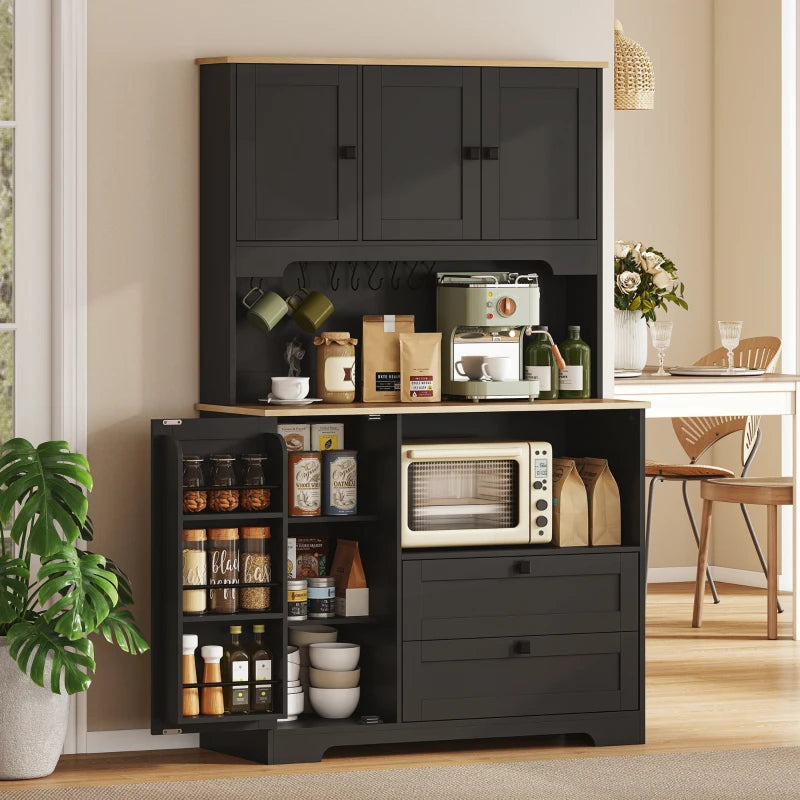 Kitchen Pantry Cabinet, 64" Tall Kitchen Hutch with 3 Cabinets, 2 Drawers, Adjustable Shelves, Microwave Stand, Black