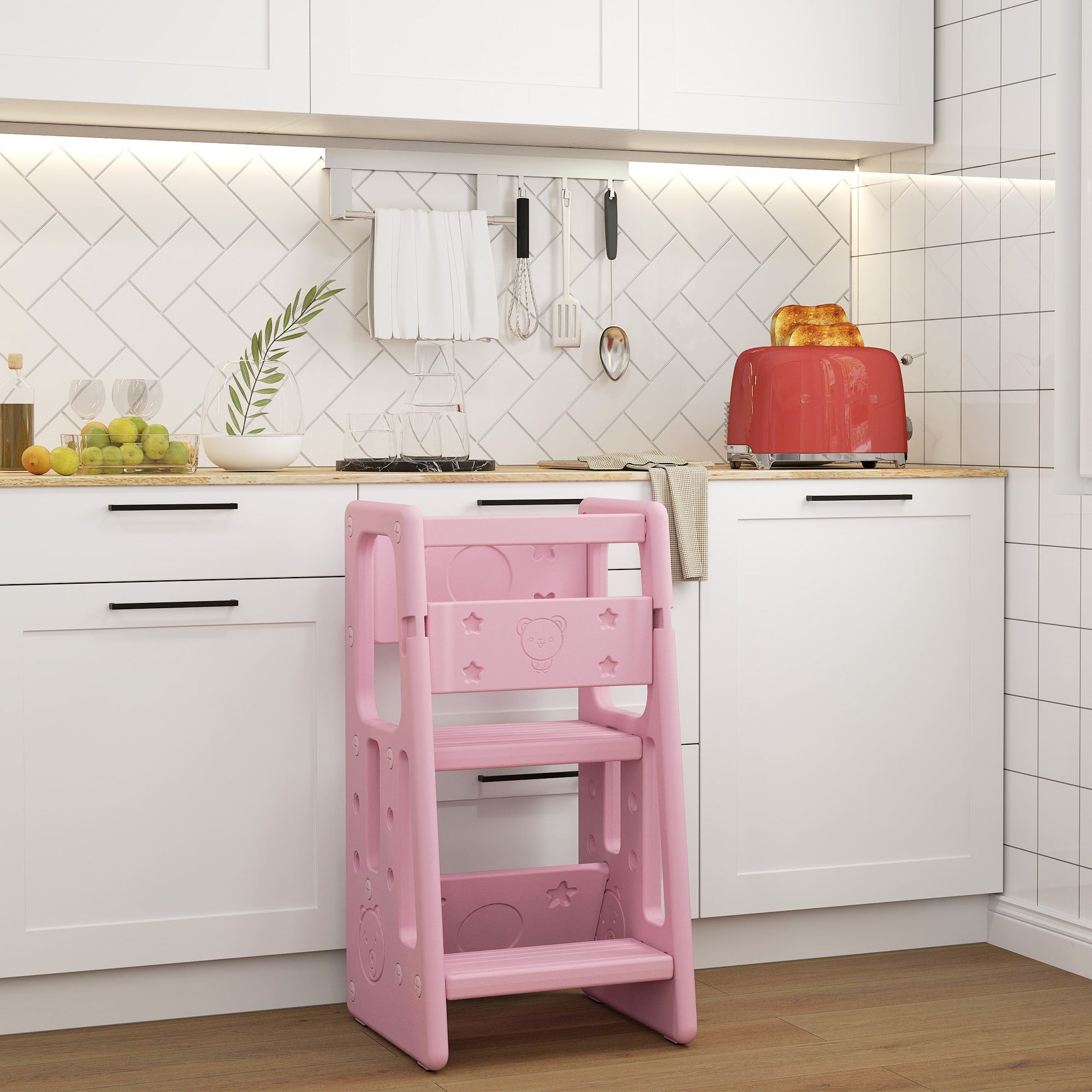 Qaba Toddler Kitchen Helper 2 Step Stool with Adjustable Height Platform and Safety Rail, Pink 