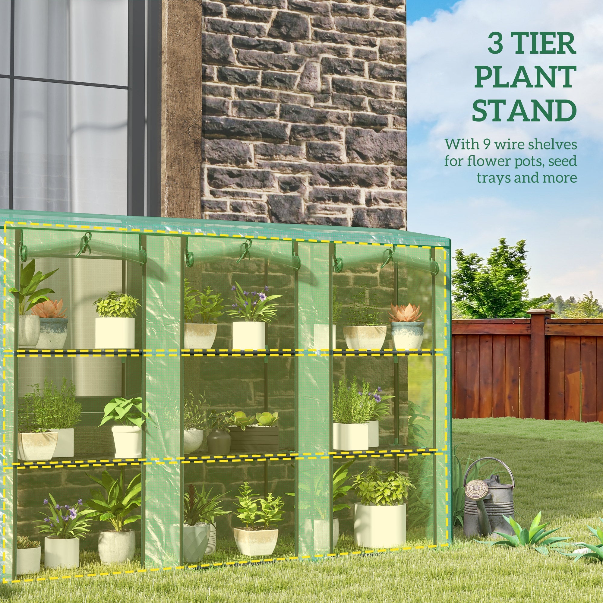 Outsunny Lean-to Greenhouse with 3 Tier Shelves, Mini Greenhouse with 3 Roll-Up Doors for Indoor Outdoor, Green 