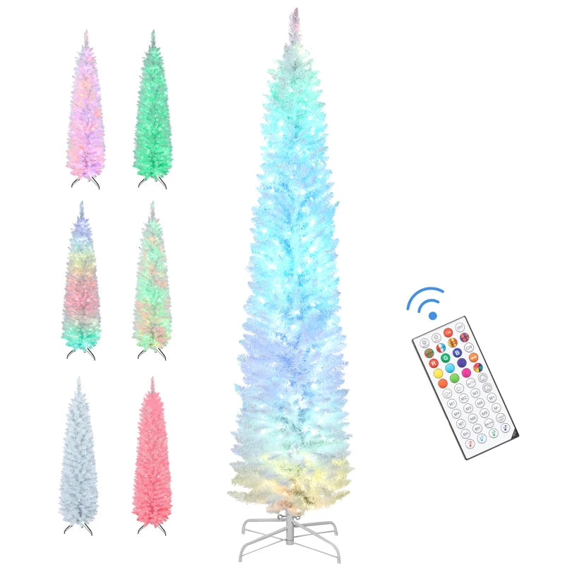 7.5ft Christmas Tree with Colourful DIY Synchronized LEDs, Hinged Pencil Xmas Tree with Remote, Daily Timer, White
