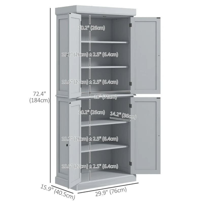 72.5" Freestanding Kitchen Pantry Cabinet with 4 Doors, Grey