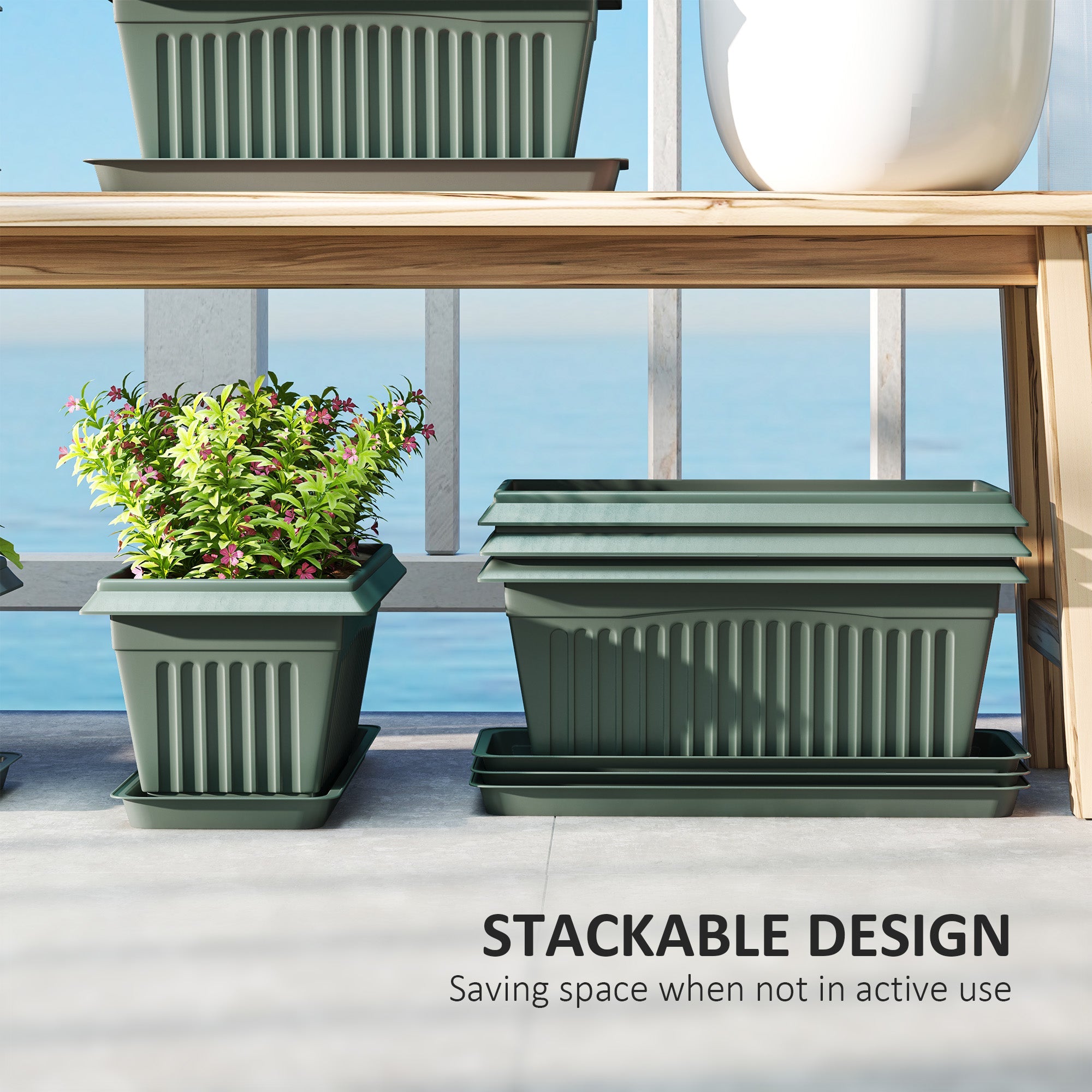 Outsunny 7 Pack 15.7" Plastic Flower Planters with Drainage Holes and Trays, Plant Pots for Indoor Outdoor Plants, Green 