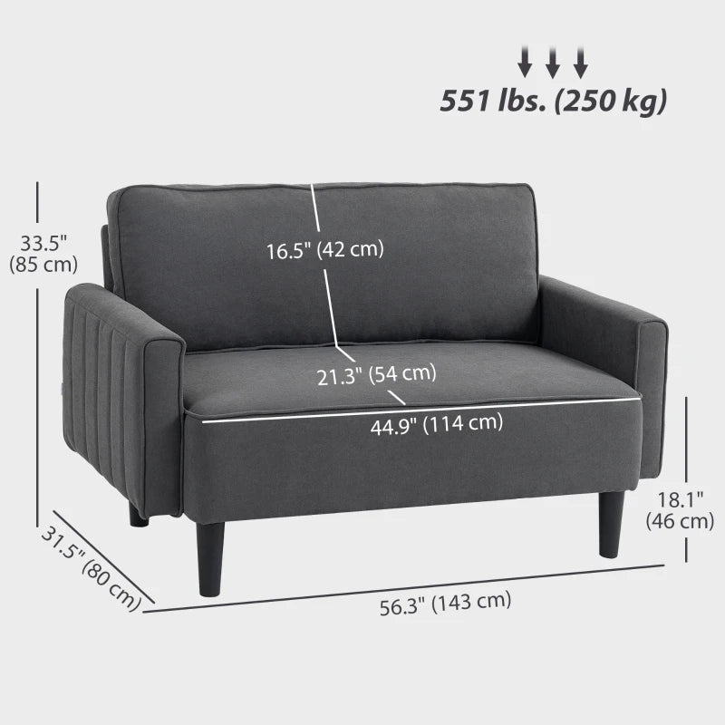Loveseat Sofa, Linen 2 Seater Sofa Couch with Thick Padded Seat & Backrest for Living Room, Home Office, Dark Grey