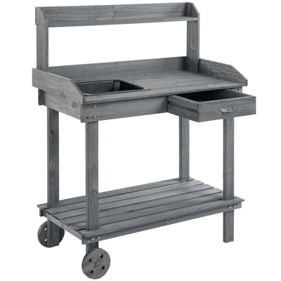 Outsunny Wooden Potting Bench 36" Work Table with Removable Wheels Sink Drawer Storage Spaces Gray 