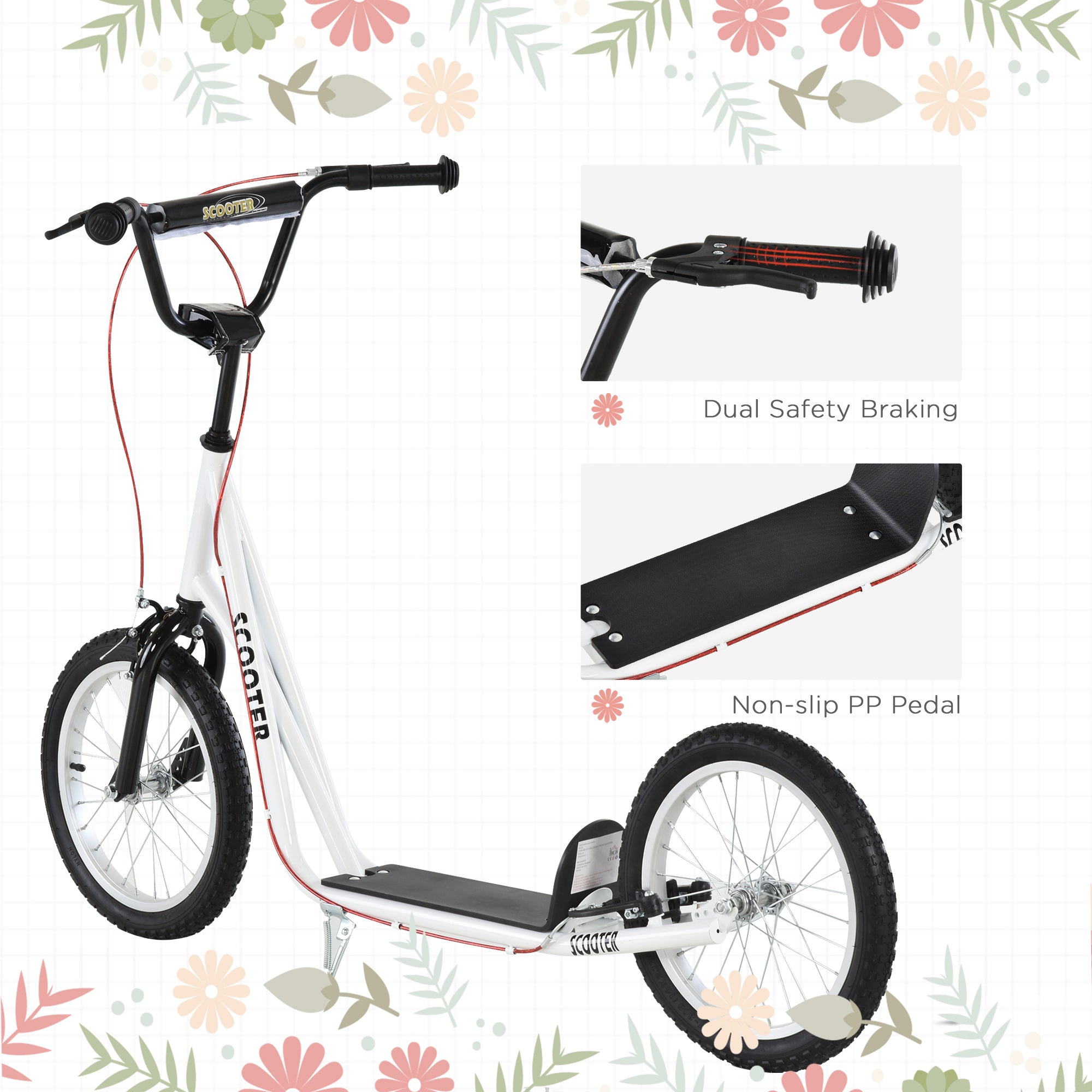 Aosom Youth Kick Scooter: Adjustable Handlebar, Dual Brakes, Inflatable Wheels for Teens 5+ - White 