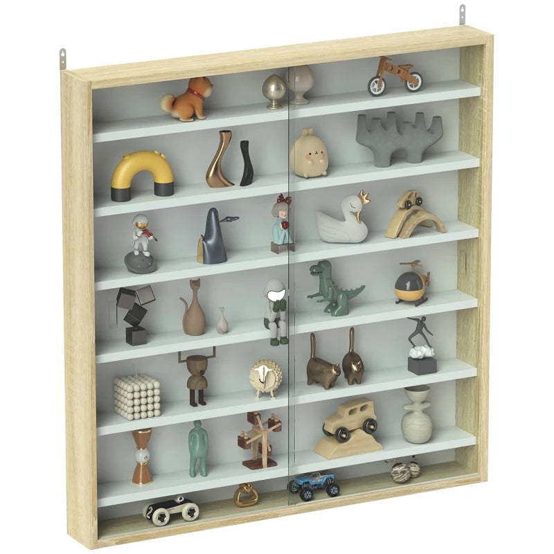 7-Tier Display Cabinet, Shot Glass Display Case, Glass Curio Cabinet with 2 Glass Doors, Oak and White