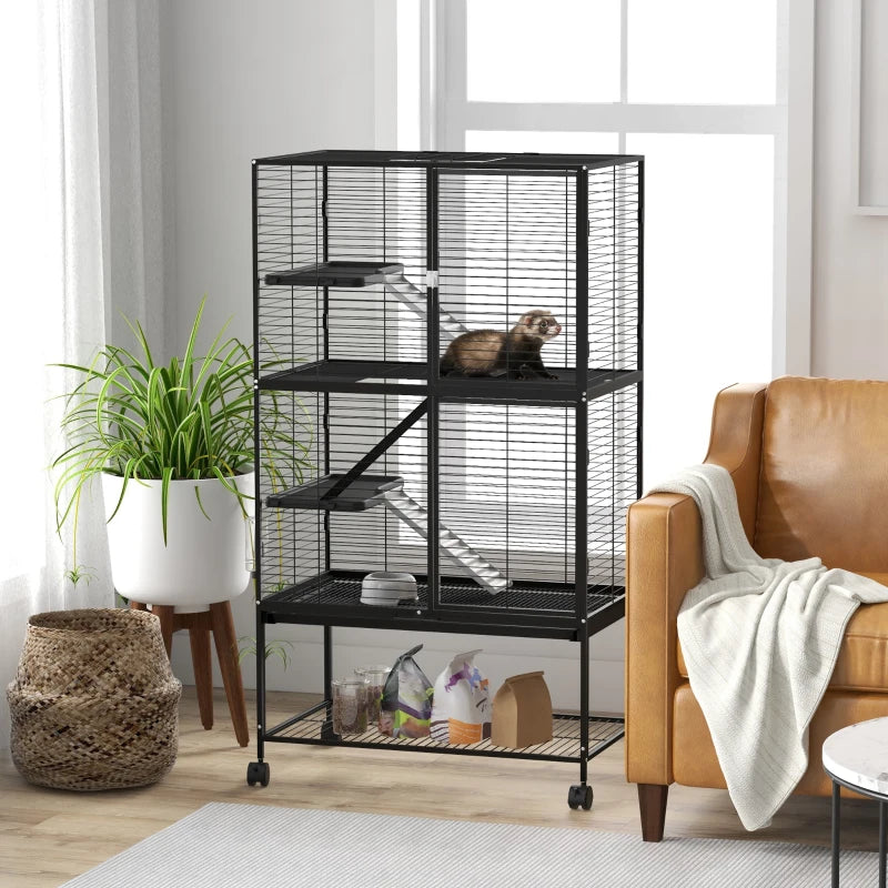 Rolling Small Animal Cage 54"H Chinchilla Cage for Ferrets, Squirrels w/ Removable Tray, Storage Shelf, Black