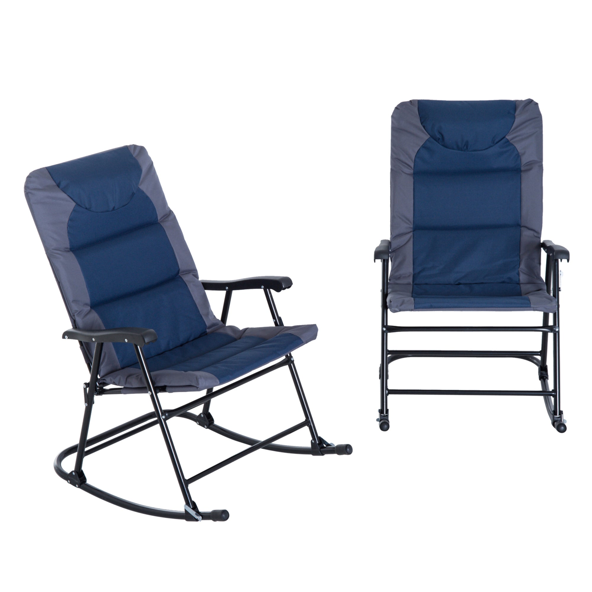 Outsunny Folding Rocking Chair Set 2 Pack Padded with Armrest Navy Blue Grey for Outdoor Comfort 