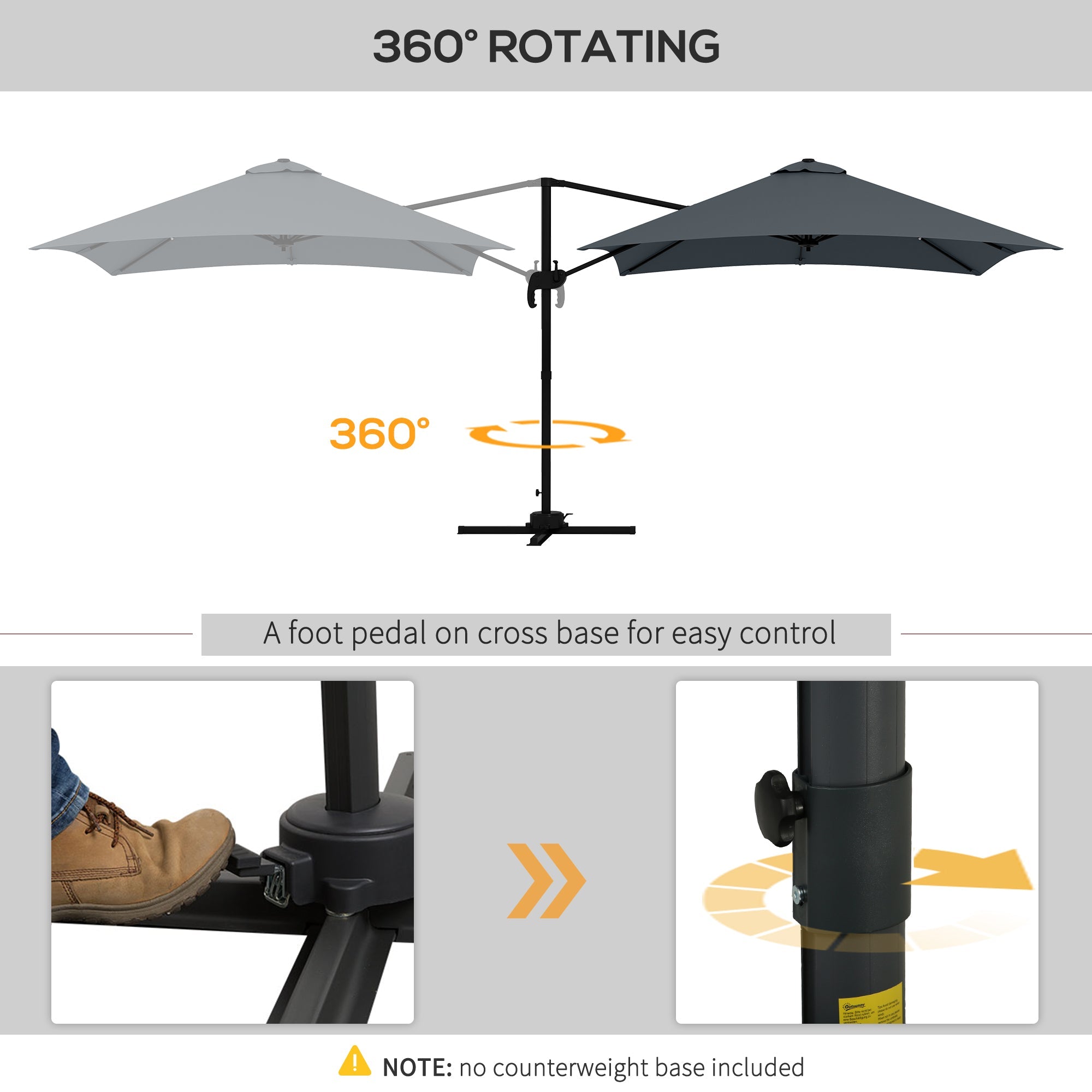 Outsunny 10x10ft Cantilever Umbrella Square Market Parasol Adjustable Outdoor Patio Shade Dark Grey Rotatable 