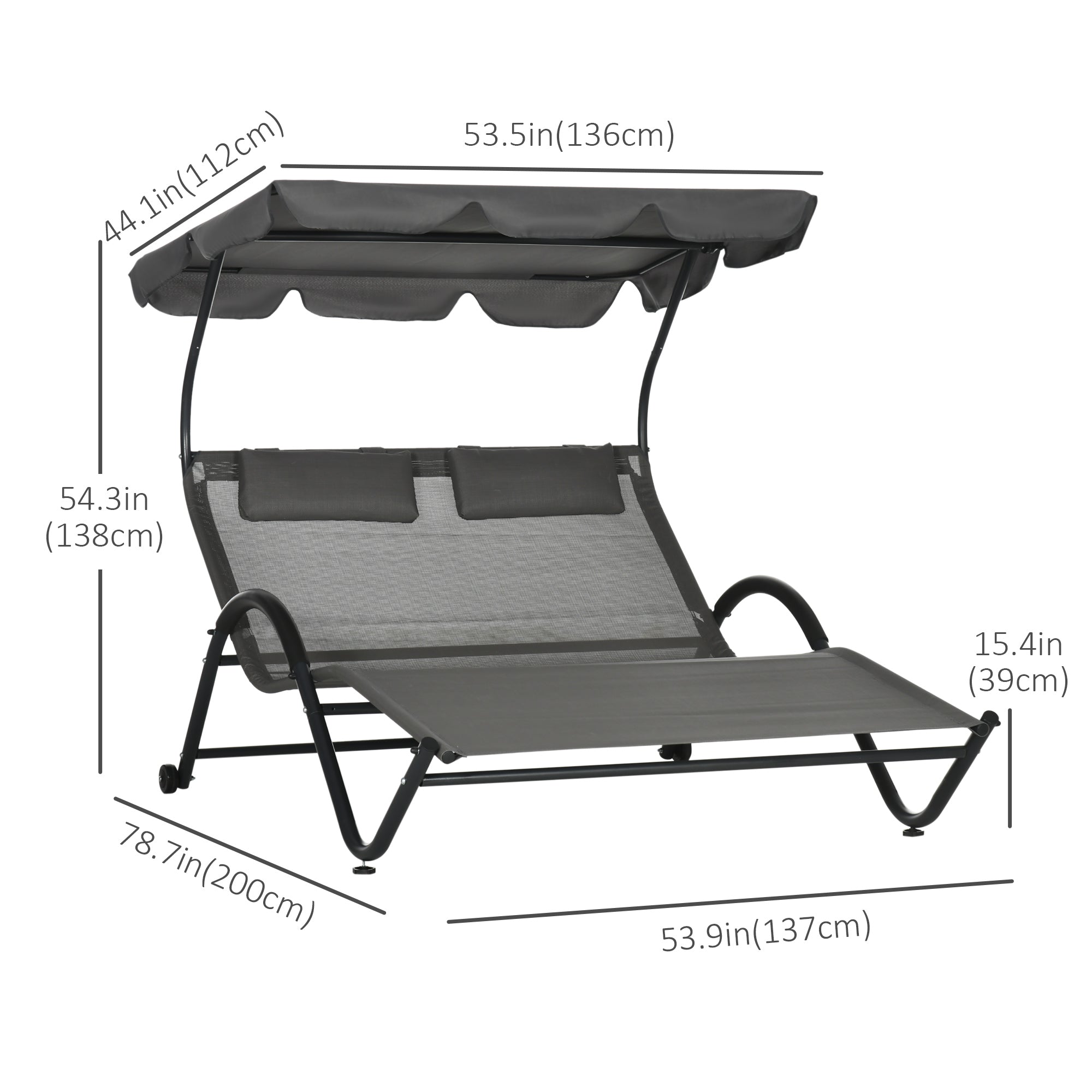 Outsunny Outdoor Patio Chaise Lounge Chair w/ Sunshade Roof, for Two People with Wheels and Breathable Sling Mesh Bed, Pillows 