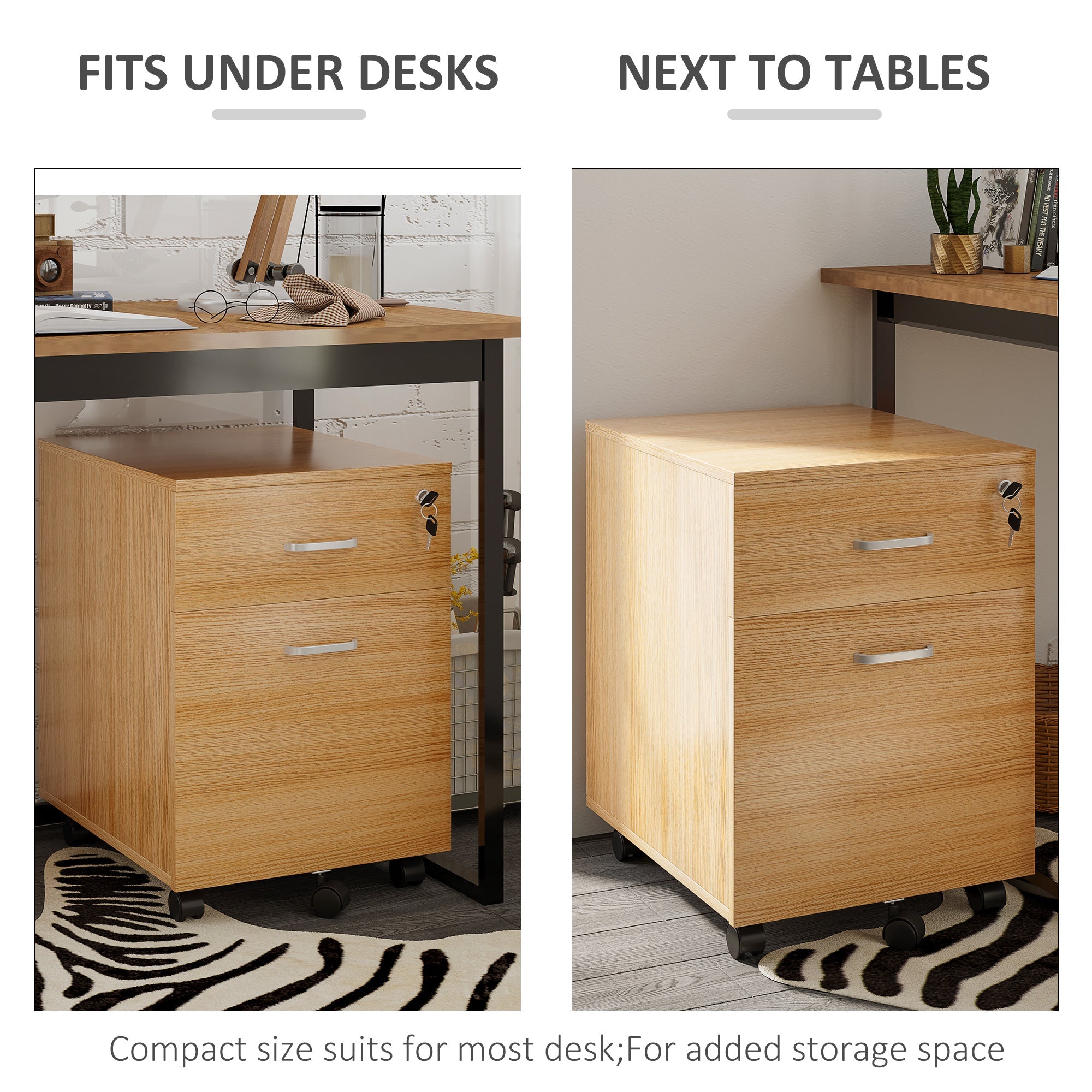 Vinsetto Filing Cabinet 2-Drawer with Lock, Mobile Rolling Office Storage, Natural Finish 